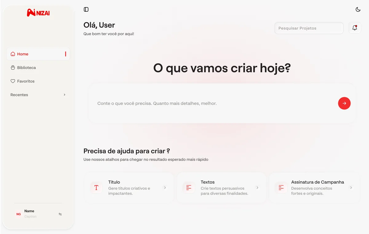 Dashboard inicial da plataforma NIZAI